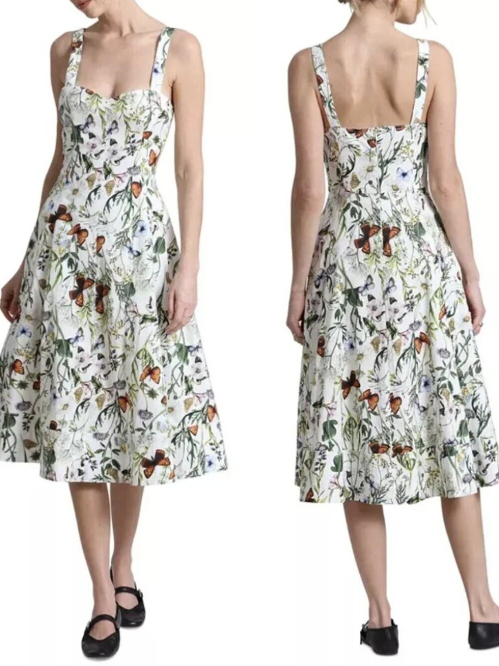 New Avec Les Filles Botanical Print A-Line Cotton Midi Dress in Butterfly Size 4